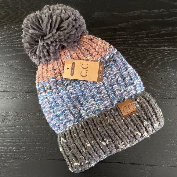 C.C Exclusive Gray & Denim Lined Beanie w/Pom Pom - Picture 2 of 8